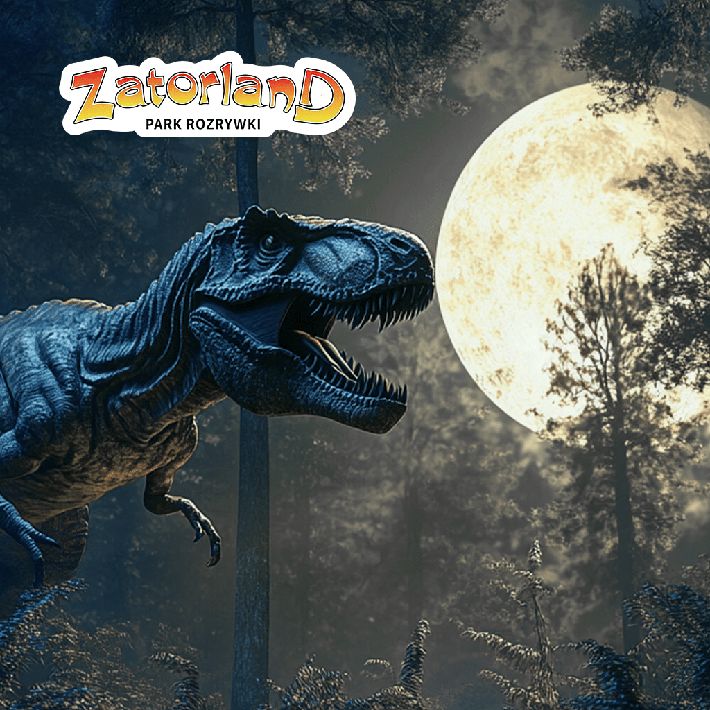 baner promujący Park Rozrywki i Park Dinozaurów Zatorland a na nim Tyranozaur w nocy na tle księżyca
