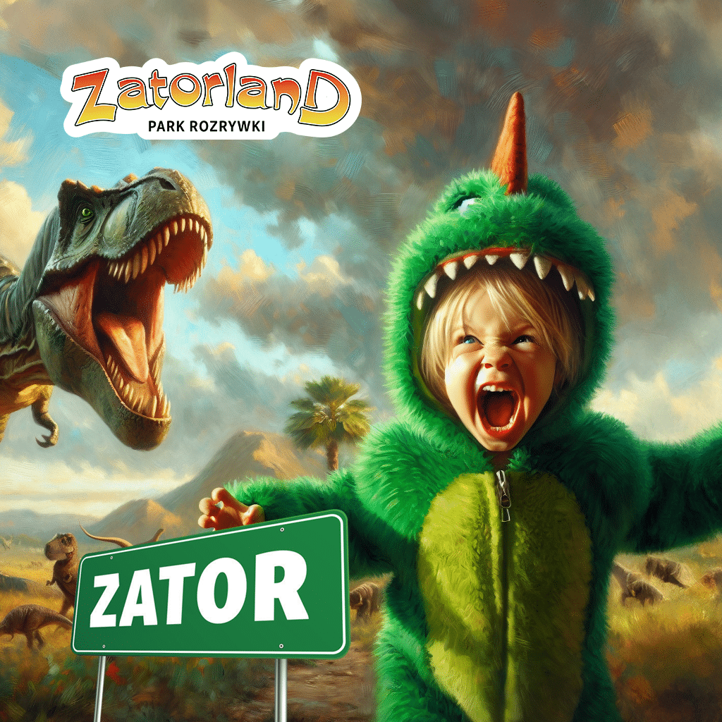 baner promujący Park Rozrywki i Park Dinozaurów Zatorland a na nim Tyranozaur i dziecko w przebraniu dinozuara
