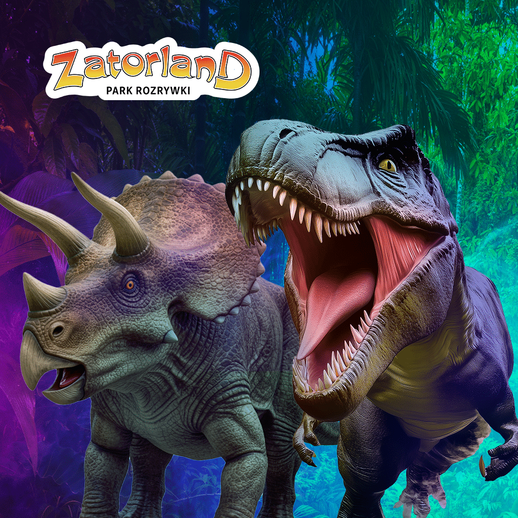 baner promujący Park Rozrywki i Park Dinozaurów Zatorland a na nim Triceratops i Tyranozaur